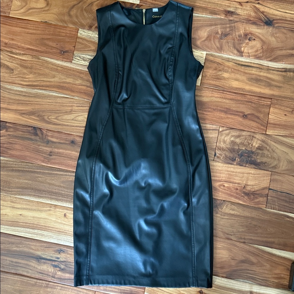 Calvin Klein Sleek Sheath Black Leather Dress